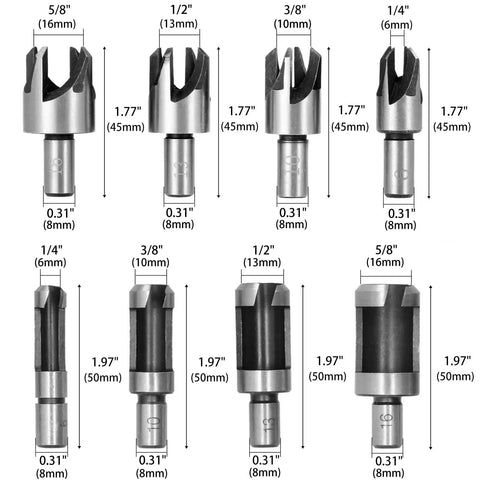 Badass Eight Piece Wood Plug Cutter Drill Bit Set Forged From Rock Solid High Carbon Steel With Killer Edge Retention For Slick Taper Cuts And Super Tight Finishes, showing various sizes.