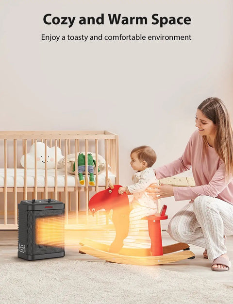 1500W Small Space Heater for Indoor Use warming a cozy room with mother and child playing nearby