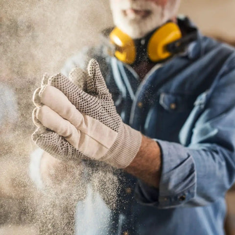 Man in workshop with dust particles, wearing gloves and earmuffs, Automatic Vacuum Switch For Two Tool Setup With Seven-Second Delay
