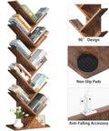 Tree Shaped 10 Tier Floor Standing Wood Bookcase Slim Space Saver For Narrow Rooms Tight Spots And More Holds Books CDs Magazines In Home Office Living Room Brown Finish showing books on shelves, design features, and anti-fall accessory.