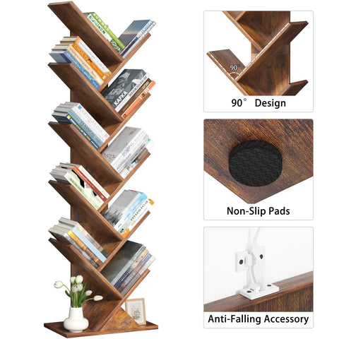 Tree Shaped 10 Tier Floor Standing Wood Bookcase Slim Space Saver For Narrow Rooms Tight Spots And More Holds Books CDs Magazines In Home Office Living Room Brown Finish showing books on shelves, design features, and anti-fall accessory.
