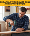 Man using PowerHead Wood Screws With Oversized Flat Head For Quick Cabinet Window And Door Installations Self Tapping on wood