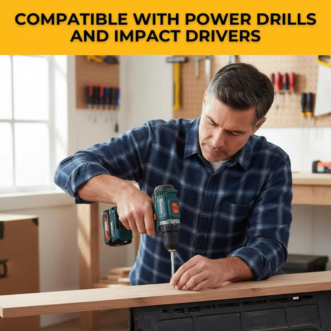 Man using PowerHead Wood Screws With Oversized Flat Head For Quick Cabinet Window And Door Installations Self Tapping on wood