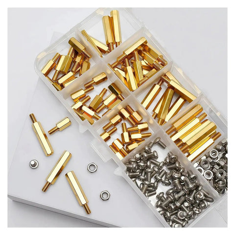 Pro Grade Hex Brass Standoff Kit For M2.5 M3 M4 PCBs And Motherboard Spacing With Male And Female Pillars Bolts Nuts Complete 210 Piece Assortment For Precise Stacking And Durable Builds. Brass hex standoffs and screws in a compartment box
