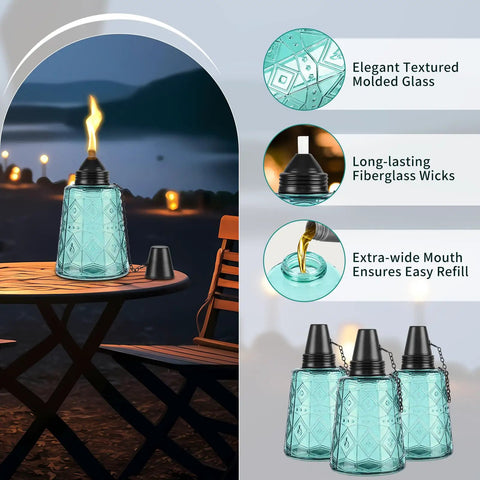 Four Pack Refillable Table Top Citronella Torches With Glass Canisters 12 Oz Each Blue Outdoor Lighting For Yard Patio Parties Garden Decor Wick And Cap Included Lit Vibes