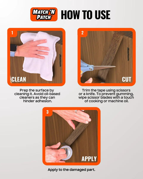 Instructions for using Wood Grain Repair Tape Antique Oak 2.25 Inch By 15 Foot Realistic Wood Finish Duct Tape to fix surfaces.