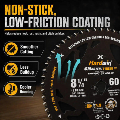 8-1/4 Inch Table Saw Blade With Sixty Carbide Tips And Thin Kerf Profile showcasing non-stick coating for smoother cuts.