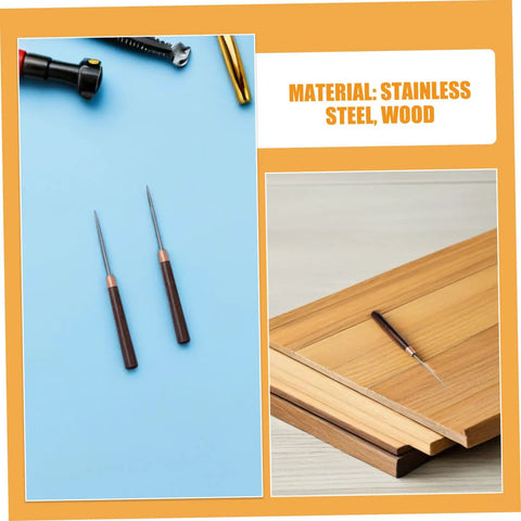 15 Piece Straight Cone Awl Set with Durable Wooden Handle for Leathercraft Sewing and Woodworking Hole Punch Projects on blue background.