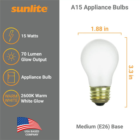 Incandescent A15 Appliance Bulb Pack, 15W, 70LM, E26 Medium Base, Fully Dimmable, 2600K Warm White, Frost Finish