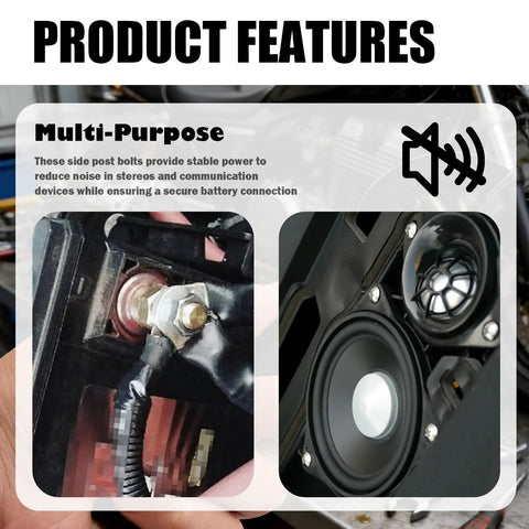 Heavy Duty Brass Battery Terminal Adapters connecting to a vehicle, ensuring reliable power delivery and noise reduction.