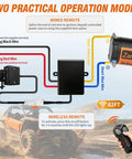 Wiring diagram for Heavy Duty 3500 Lb ATV Winch With Synthetic Rope And Wireless Remote showing operation modes.
