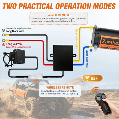 Wiring diagram for Heavy Duty 3500 Lb ATV Winch With Synthetic Rope And Wireless Remote showing operation modes.