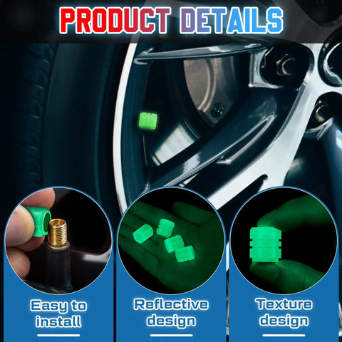 Glow In The Dark Tire Valve Caps 20 Pack In Five Colors Fluorescent Valve Stem Covers For Cars Motorcycles SUVs Trucks And Bicycles Universal Fit For All Standard Valve Stems, shown glowing on car tire