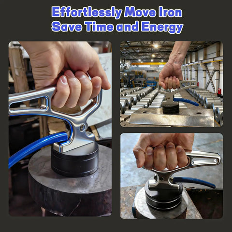 Heavy Duty Magnetic Pickup Tool With Quick Release And Ergonomic Handle lifting iron plate in workshop.
