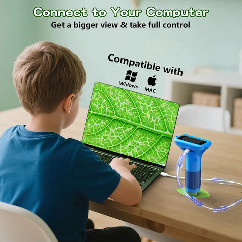 1000X Digital Kids Microscope Kit For Curious Learners With 12 Slides And A 2 Inch Screen Blue Kid Friendly And Super Fun For Exploring Cells Insects Coins And More 100X To 1000X Magnification connected to laptop