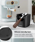 Knock Box For Espresso Grounds, Go To Pro Grade Stainless Steel Barista Tool With Removable Knock Bar, Handle And Lid, Dishwasher Safe, 4.8 Inch, Black, Your Countertops Stay Clean Between Shots next to espresso machine