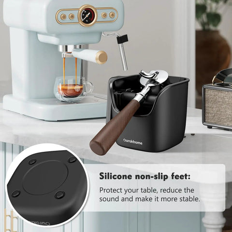 Knock Box For Espresso Grounds, Go To Pro Grade Stainless Steel Barista Tool With Removable Knock Bar, Handle And Lid, Dishwasher Safe, 4.8 Inch, Black, Your Countertops Stay Clean Between Shots next to espresso machine
