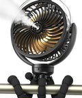 Close-up of Cooling Misting Stroller Fan With 6000mAh Battery showing misting function and flexible tripod on a metallic bar.