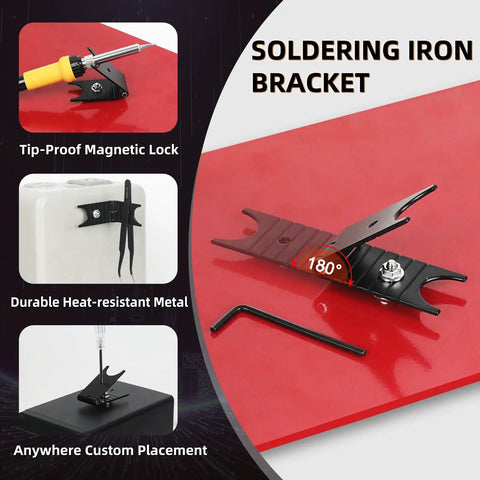 Magnetic Third Hand Soldering Tool Set With Four Arms Large PCB Clamp Holder showing soldering iron bracket with magnetic lock.