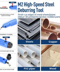 M2 High-Speed Steel Deburring Tool shown with metal sheets, copper pipes, and PVC for finishing edges of various materials.