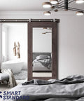 Bedroom with bath showing Top Mount Sliding Barn Door Hardware Kit In Stainless Steel, 6 Feet Track, T Shape Hanger System