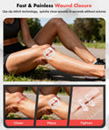 Senvok 121-pc first aid kit shown outdoors; knee with zip-stitch wound closure patch applied.