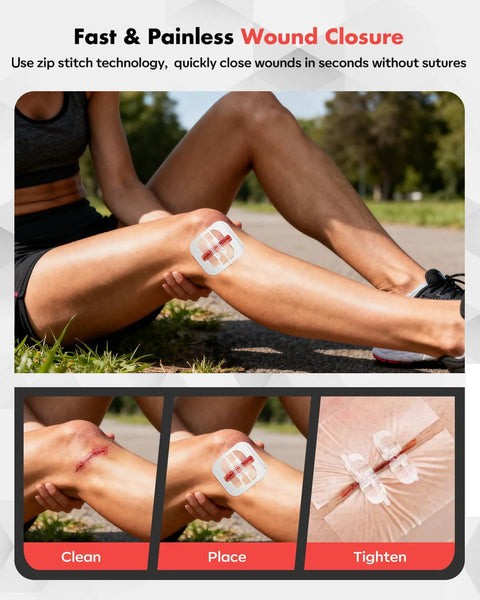 Senvok 121-pc first aid kit shown outdoors; knee with zip-stitch wound closure patch applied.