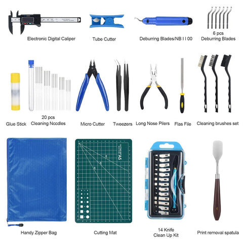 55-piece KuanStore 3D printer tools kit with caliper, blades, cutters, pliers, mat, zip bag, knife set and spatula
