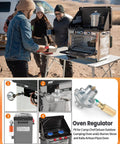 Oven Regulator Replacement For Deluxe Outdoor Oven And Italia Artisan Pizza Oven, Pro Grade And Compatible With PZOVEN, COVEN, COVEND, COVENT 2-Burner Stove And Adapter SPG25-17 displayed in outdoor setting with stove and components.