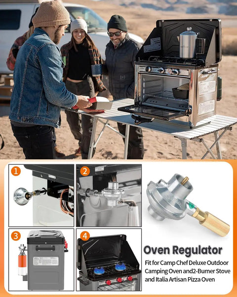 Oven Regulator Replacement For Deluxe Outdoor Oven And Italia Artisan Pizza Oven, Pro Grade And Compatible With PZOVEN, COVEN, COVEND, COVENT 2-Burner Stove And Adapter SPG25-17 displayed in outdoor setting with stove and components.