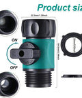 Close-up of Six Pack Garden Hose Shut Off Valves With Three Quarter Inch Thread Anti Leak Plastic Hose Connectors And Rubber Gaskets Easy Turn Off For Sprinklers Nozzles Spigots And More Green, showing measurements and details.