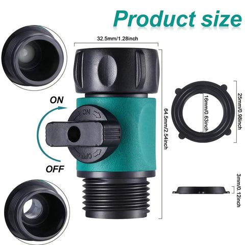 Close-up of Six Pack Garden Hose Shut Off Valves With Three Quarter Inch Thread Anti Leak Plastic Hose Connectors And Rubber Gaskets Easy Turn Off For Sprinklers Nozzles Spigots And More Green, showing measurements and details.