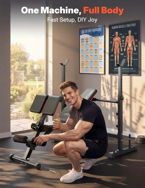Person assembling All In One Olympic Weight Bench With Roman Chair Preacher Curl And Leg Extension Foldable 1870 Pound Capacity