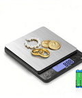 Digital Jewelry Scale 500 Gram By 0.01 Gram Precision For Jewelry, Gemstones And Coins With Backlit LCD Display, showcasing rings and coins