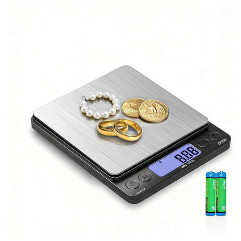 Digital Jewelry Scale 500 Gram By 0.01 Gram Precision For Jewelry, Gemstones And Coins With Backlit LCD Display, showcasing rings and coins
