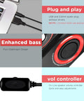 Usb Powered Pc Speakers With Deep Bass, 2.0 Channel Stereo For Desktop Computers, Laptops, And Smartphones, showing plug and play setup, enhanced bass with four diaphragm design, and volume controller.