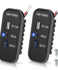 Slick Upgrade 3 Port 12V 24V USB Outlet Panel Quick Charge Fast Charger With USB C PD And USB A QC Ports Plug And Play Wiring Harness For RV Truck Camper Car Dashcam 2 Pack, featuring dual USB ports.