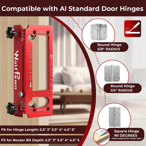 Rugged Aluminum Door Hinge Jig For Precise Mortises Built To Last, Adjustable Router Jig Fits Door Hinges From Two Point Five To Five Inches In Length And Thickness, Radius One Quarter Inch Or Five Eighth Inch, Pro Grade Hinge Mortising Tool EONIX displayed in use on a door.