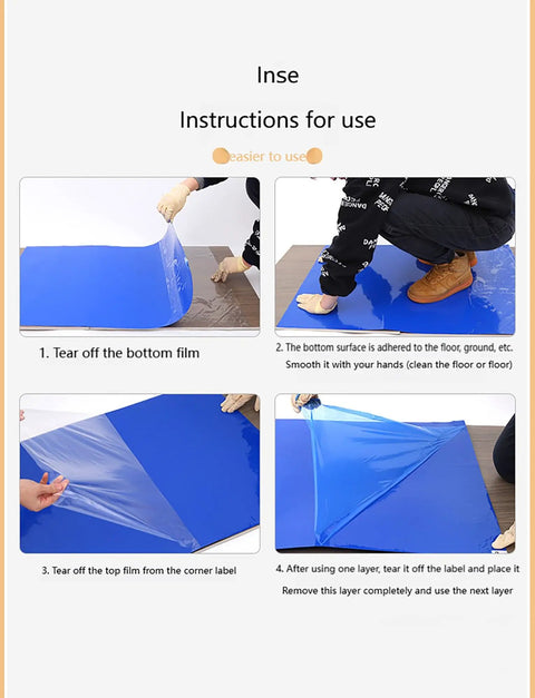 Heavy Duty Sticky Floor Mats With Sweet Strong Grip Remove Shoe Dirt And Workshop Grime Keep Your Cleanroom Spotless And Grit Free No Sweat Install For Warehouses Labs 300 Sheets instructions showing peelable layers
