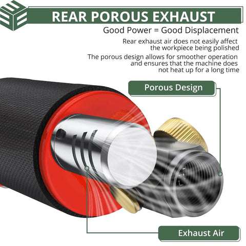 Close-up of rear porous exhaust design of Upgraded Air Angle Grinder 90 Degree Right Angle Die Grinder At 20000 Rpm.