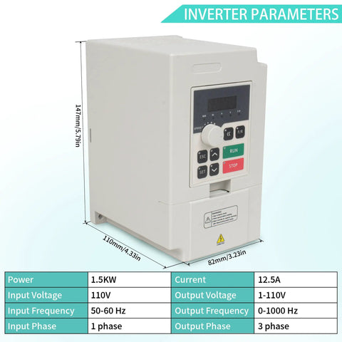 Beefy Water Cooled CNC Spindle Kit 0.8 kW 110V featuring 1.5 kW VFD with display and control buttons, inverter parameters shown.