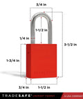 10 Pack Red Aluminum Lockout Tagout Padlocks, Keyed Differently, 2 Keys Each, OSHA Compliant, detailed dimensions view.