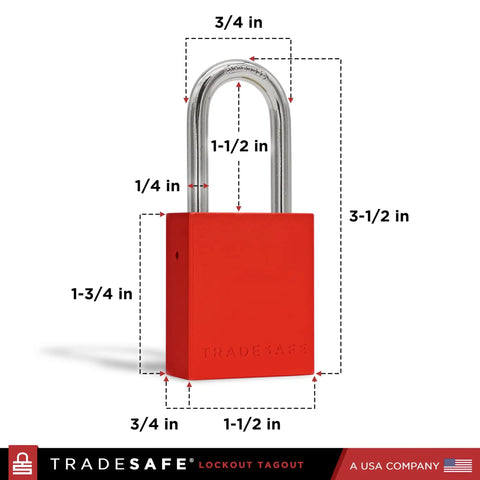 10 Pack Red Aluminum Lockout Tagout Padlocks, Keyed Differently, 2 Keys Each, OSHA Compliant, detailed dimensions view.