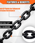 Beefy Half Inch G80 Trailer Tow Chain Ten Foot With Red Clevis Grab Hooks EP Black Finish 12000 LB WLL Logging Chain features