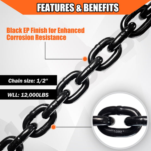Beefy Half Inch G80 Trailer Tow Chain Ten Foot With Red Clevis Grab Hooks EP Black Finish 12000 LB WLL Logging Chain features