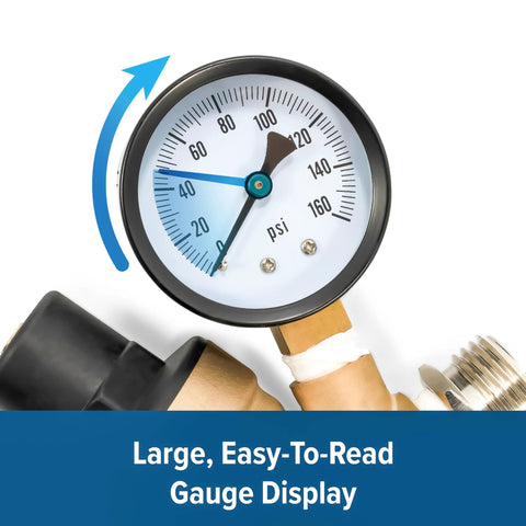 Brass RV/marine water pressure regulator with large 0–200 psi gauge display and hose fitting