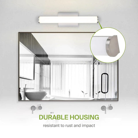 Image of 18 Inch LED Linear Vanity Light Fixture for Bathroom Mirror with 3 Color Temperatures and nickel finish over a mirror.