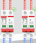 Two Solar Panel Disconnect Switch 2 Pole DC Circuit Breaker 63A Beefy Isolator For PV System 1000V Max, front view.