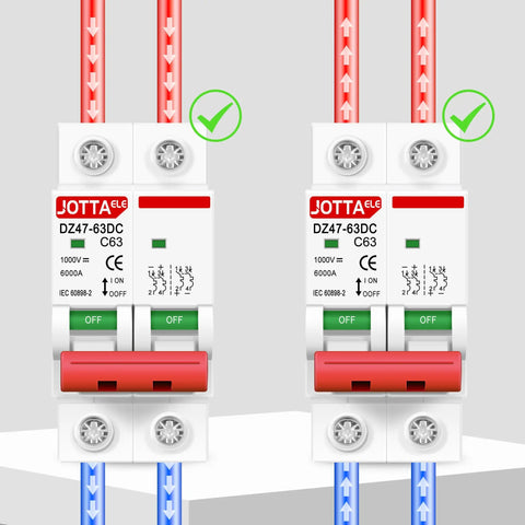 Two Solar Panel Disconnect Switch 2 Pole DC Circuit Breaker 63A Beefy Isolator For PV System 1000V Max, front view.