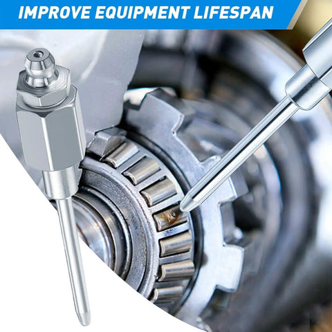 Beast Of A Heavy Duty Grease Needle Tip Dispenser with alloy screw thread in use near metal gear, 8000 PSI max, pocket sized.